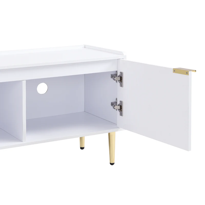Meuble TV bas blanc 170 cm poignées et pieds dorés style moderne et élégant RANGELANDGLUME