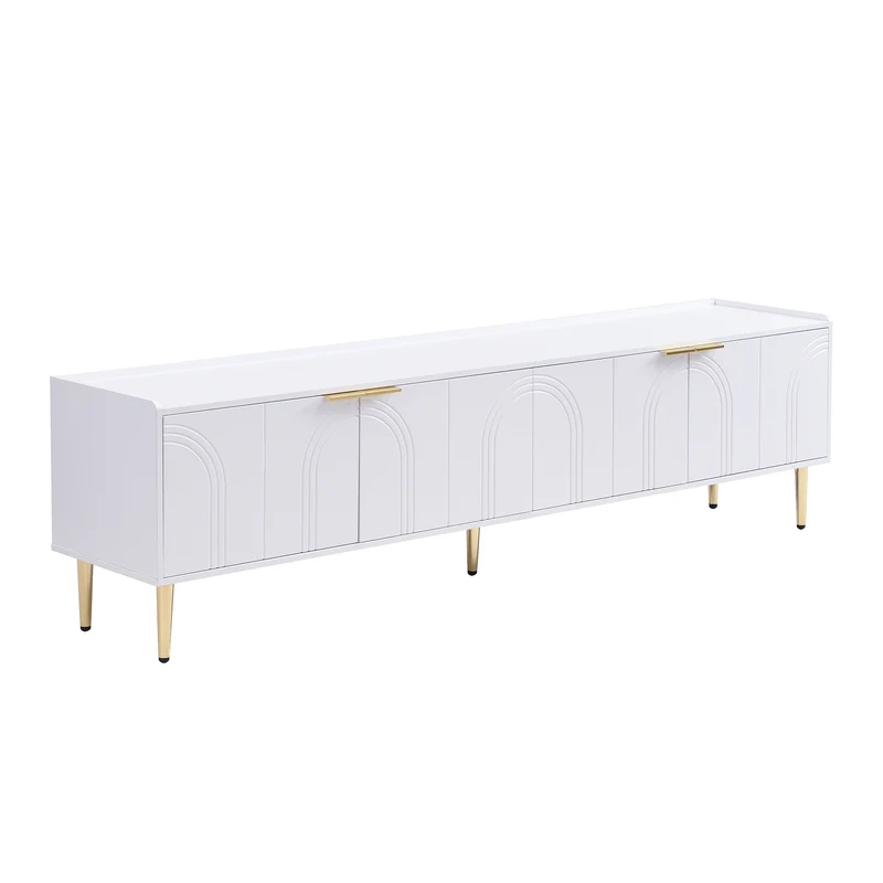 Meuble TV bas blanc 170 cm poignées et pieds dorés style moderne et élégant RANGELANDGLUME