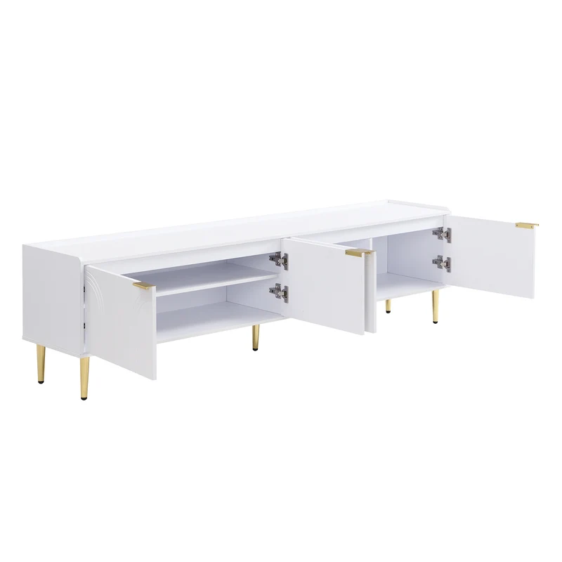 Meuble TV bas blanc 170 cm poignées et pieds dorés style moderne et élégant RANGELANDGLUME
