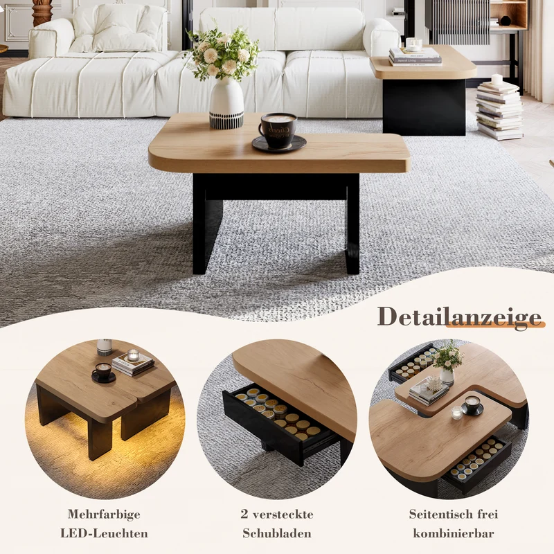 Set de 2 tables basses gigognes effet bois et design en S avec éclairage LED intégré et 2 tiroirs
