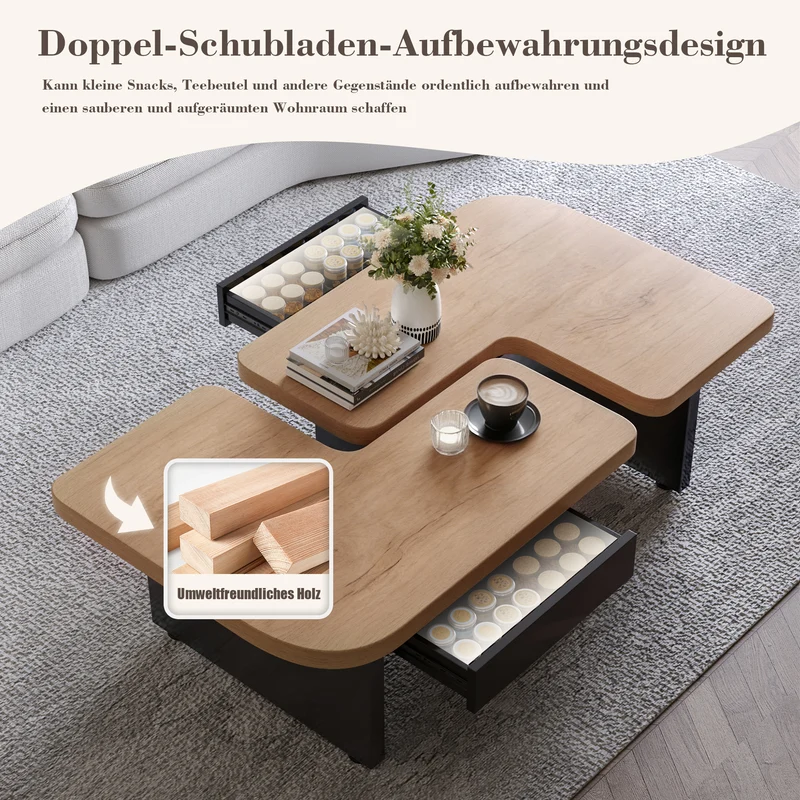 Set de 2 tables basses gigognes effet bois et design en S avec éclairage LED intégré et 2 tiroirs