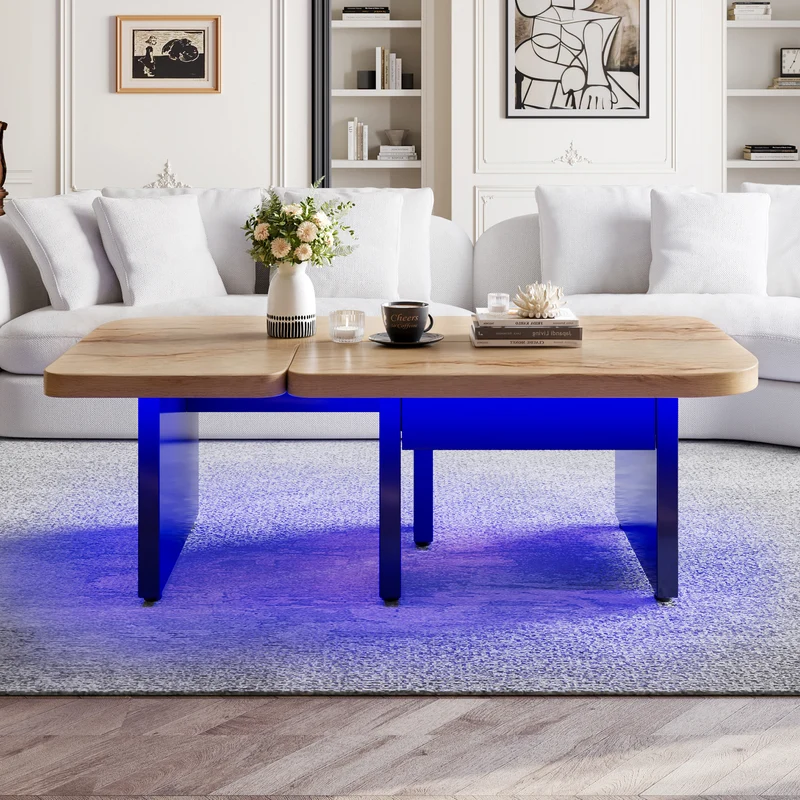 Set de 2 tables basses gigognes effet bois et design en S avec éclairage LED intégré et 2 tiroirs