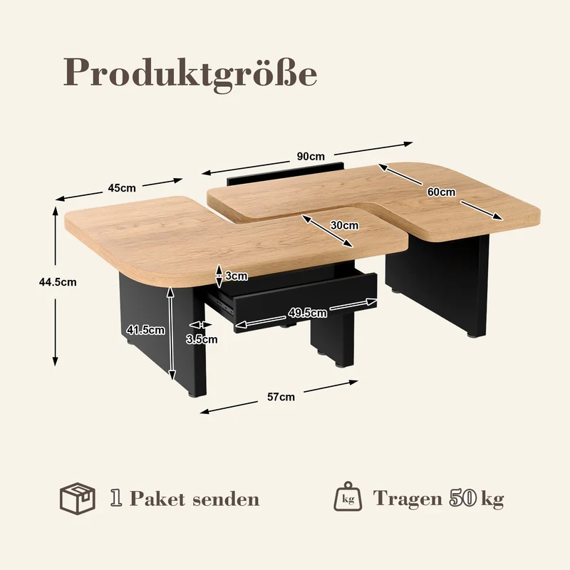 Set de 2 tables basses gigognes effet bois et design en S avec éclairage LED intégré et 2 tiroirs