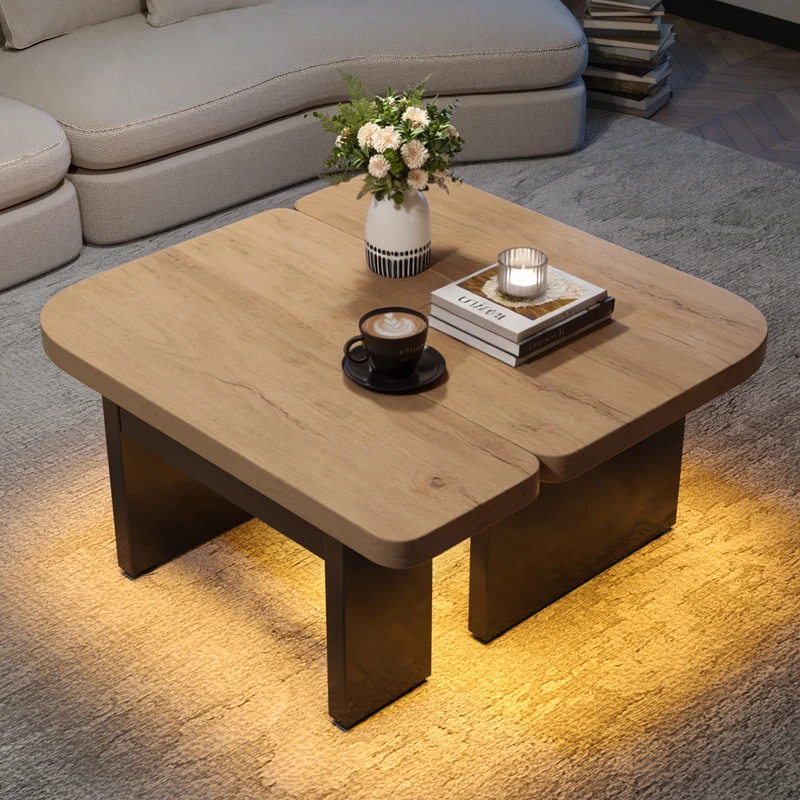 Set de 2 tables basses gigognes effet bois et design en S avec éclairage LED intégré et 2 tiroirs