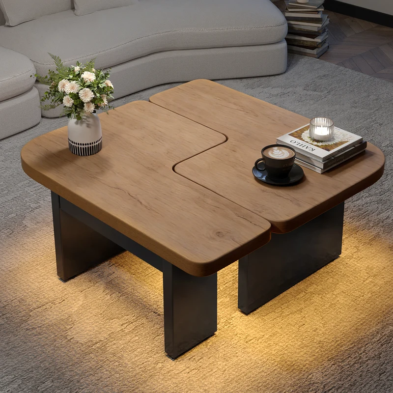 Set de 2 tables basses gigognes effet bois et design en S avec éclairage LED intégré et 2 tiroirs