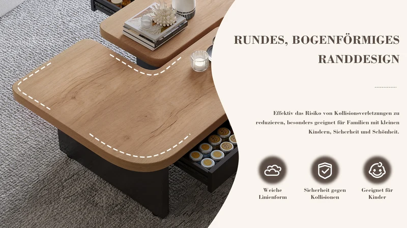 Set de 2 tables basses gigognes effet bois et design en S avec éclairage LED intégré et 2 tiroirs