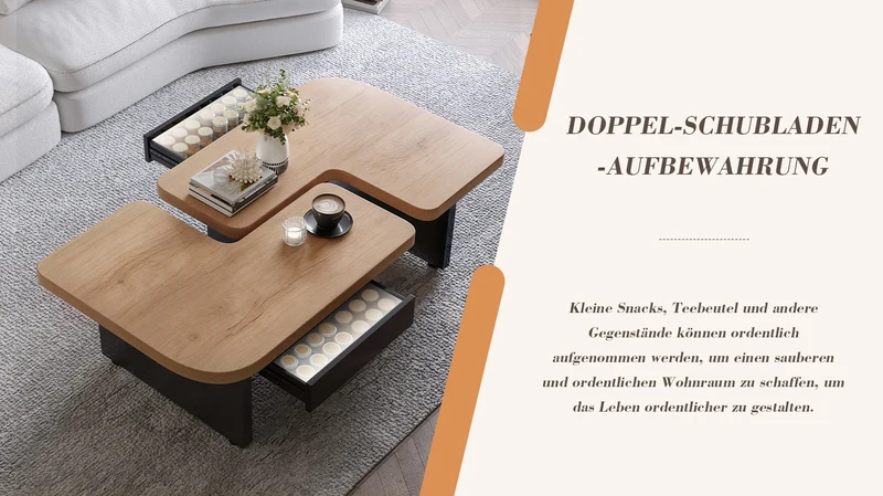 Set de 2 tables basses gigognes effet bois et design en S avec éclairage LED intégré et 2 tiroirs