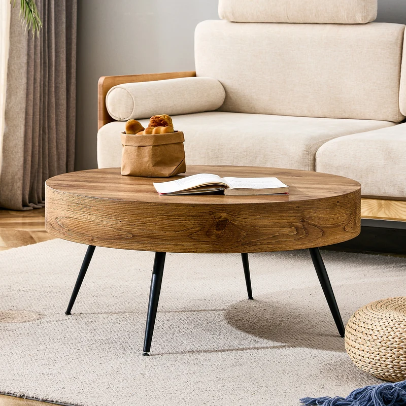 Table basse ronde 70 cm effet bois MDF pieds métal noir VISTALON