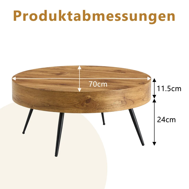 Table basse ronde 70 cm effet bois MDF pieds métal noir VISTALON