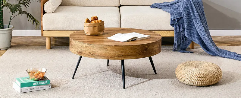 Table basse ronde 70 cm effet bois MDF pieds métal noir VISTALON