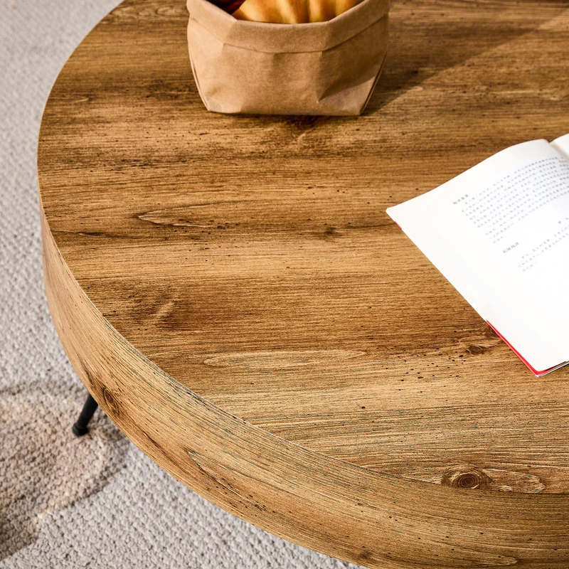 Table basse ronde 70 cm effet bois MDF pieds métal noir VISTALON