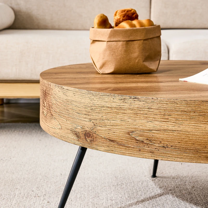 Table basse ronde 70 cm effet bois MDF pieds métal noir VISTALON