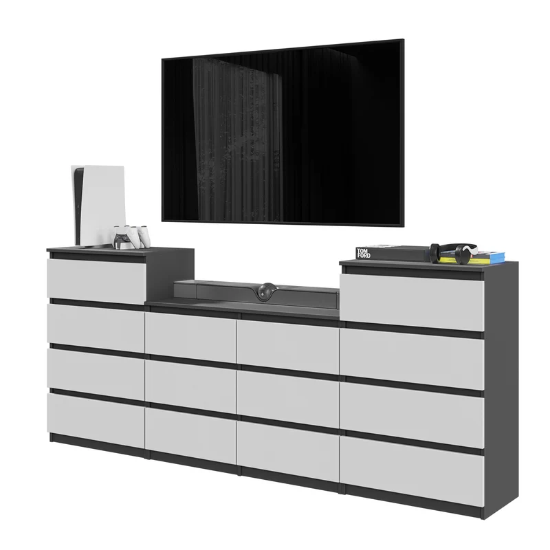 GABRIEL - Commode 14 Tiroirs (4+6+4) - H92cm L220cm P33cm (Anthracite / Blanc Mat)
