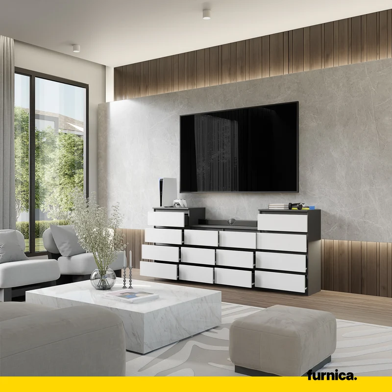 GABRIEL - Commode 14 Tiroirs (4+6+4) - H92cm L220cm P33cm (Anthracite / Blanc Mat)