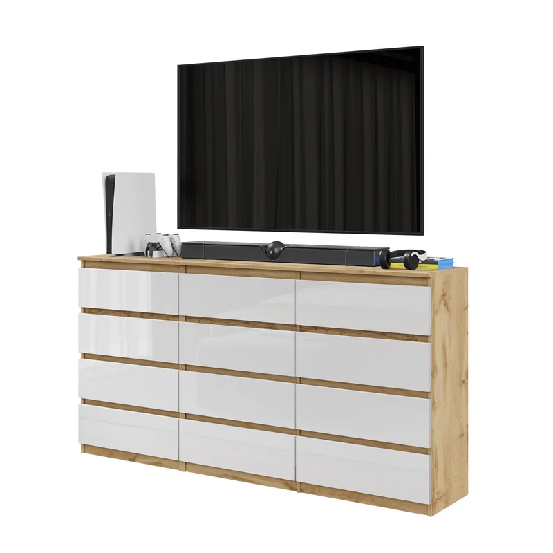 GABRIEL - Commode 12 Tiroirs (8+4) - H92cm L180cm P33cm (Chêne Wotan / Blanc Brillant)