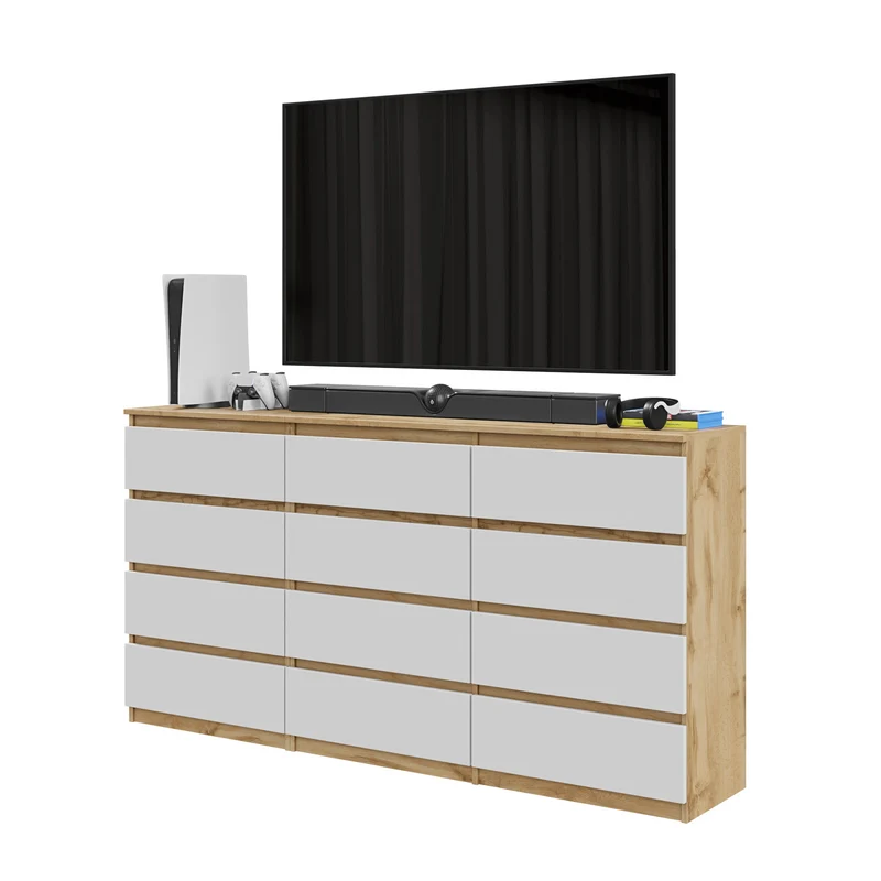 GABRIEL - Commode 12 Tiroirs (8+4) - H92cm L180cm P33cm (Chêne Wotan / Blanc Mat)