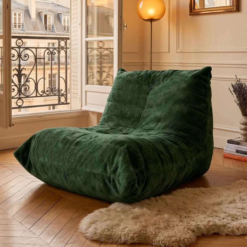 Chauffeuse matelassée chenille verte pailletée fauteuil de sol 90x100cm CHROMEPANEL