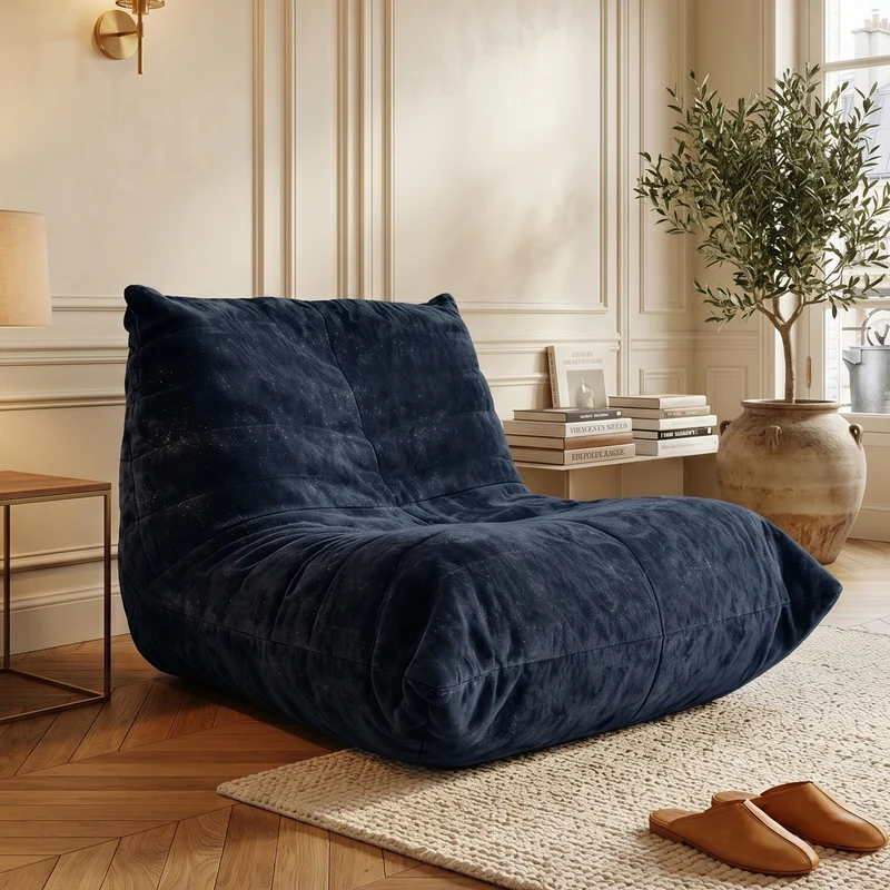 Chauffeuse matelassée chenille bleue pailletée fauteuil de sol 90x100cm CHROMERACK
