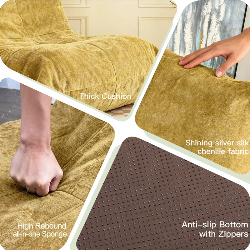 Chauffeuse matelassée chenille jaune moutard pailletée fauteuil de sol 90x100cm CHROMERUG