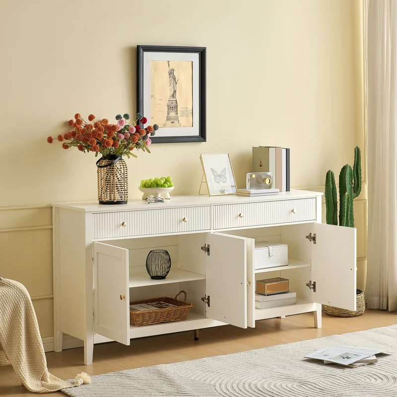 Buffet blanc 2 tiroirs à façades rainurées, 4 portes et poignées dorées 160x40x82cm CLASSICBARSET