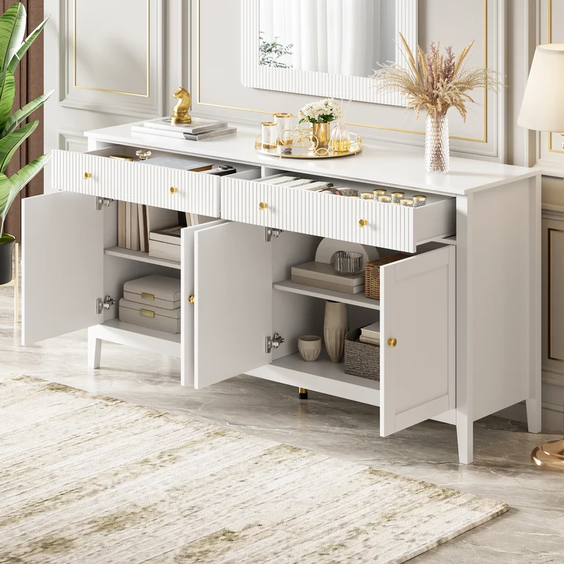 Buffet blanc 2 tiroirs à façades rainurées, 4 portes et poignées dorées 160x40x82cm CLASSICBARSET