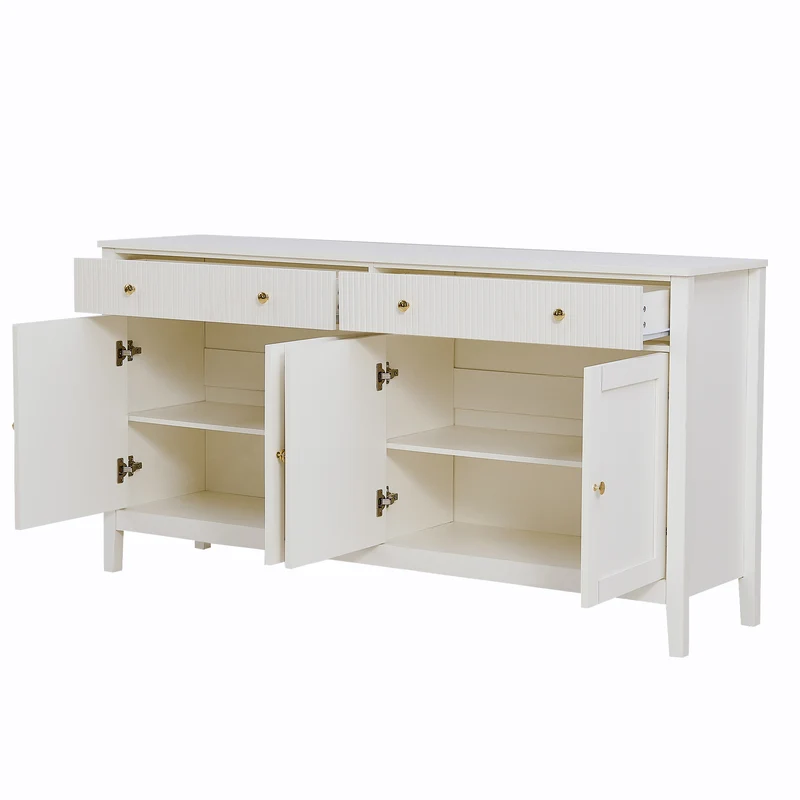 Buffet blanc 2 tiroirs à façades rainurées, 4 portes et poignées dorées 160x40x82cm CLASSICBARSET