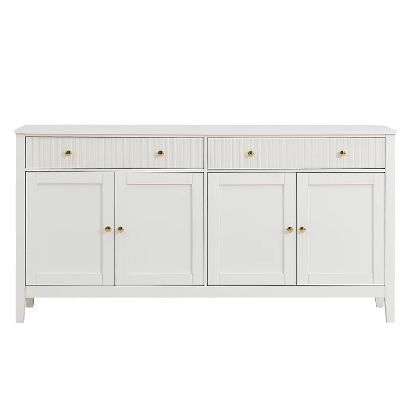 Buffet blanc 2 tiroirs à façades rainurées, 4 portes et poignées dorées 160x40x82cm CLASSICBARSET