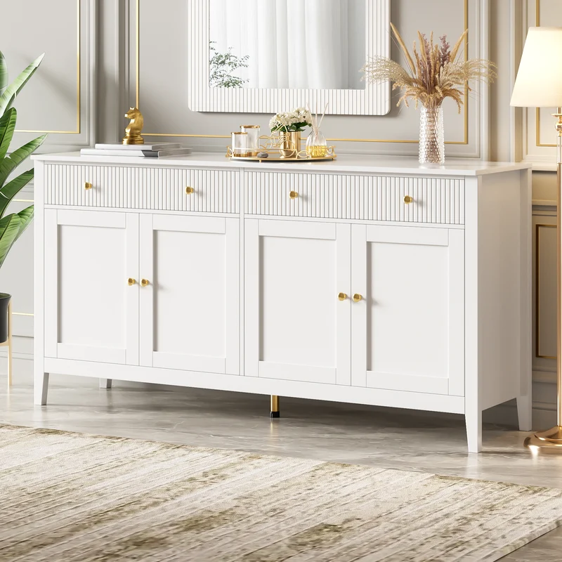 Buffet blanc 2 tiroirs à façades rainurées, 4 portes et poignées dorées 160x40x82cm CLASSICBARSET