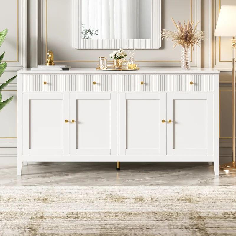 Buffet blanc 2 tiroirs à façades rainurées, 4 portes et poignées dorées 160x40x82cm CLASSICBARSET