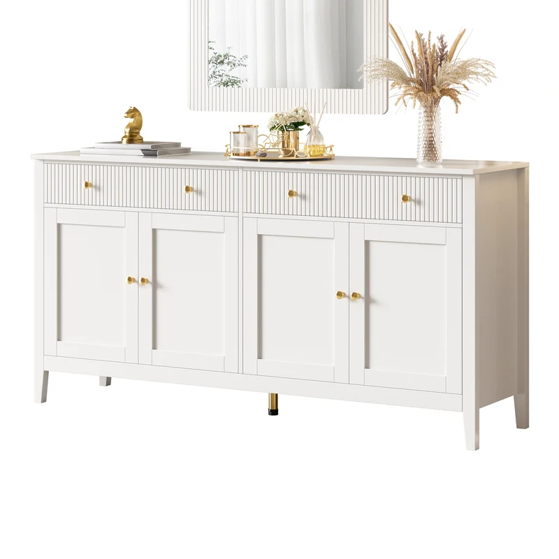 Buffet blanc 2 tiroirs à façades rainurées, 4 portes et poignées dorées 160x40x82cm CLASSICBARSET