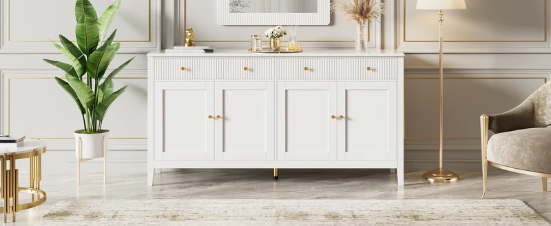 Buffet blanc 2 tiroirs à façades rainurées, 4 portes et poignées dorées 160x40x82cm CLASSICBARSET