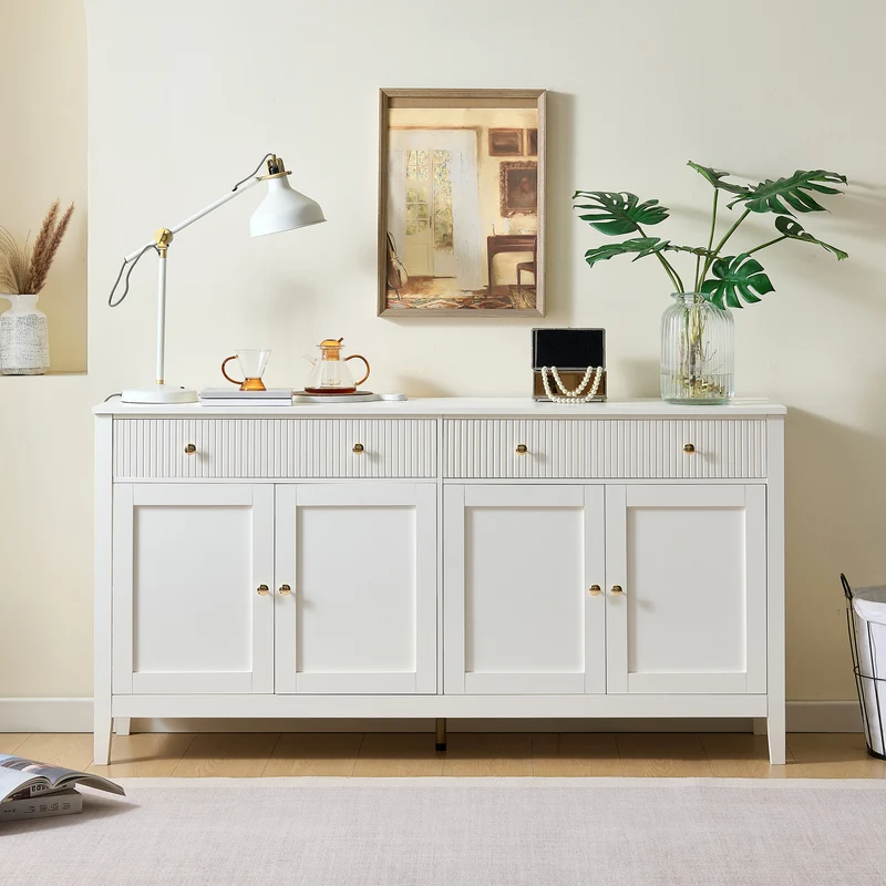 Buffet blanc 2 tiroirs à façades rainurées, 4 portes et poignées dorées 160x40x82cm CLASSICBARSET