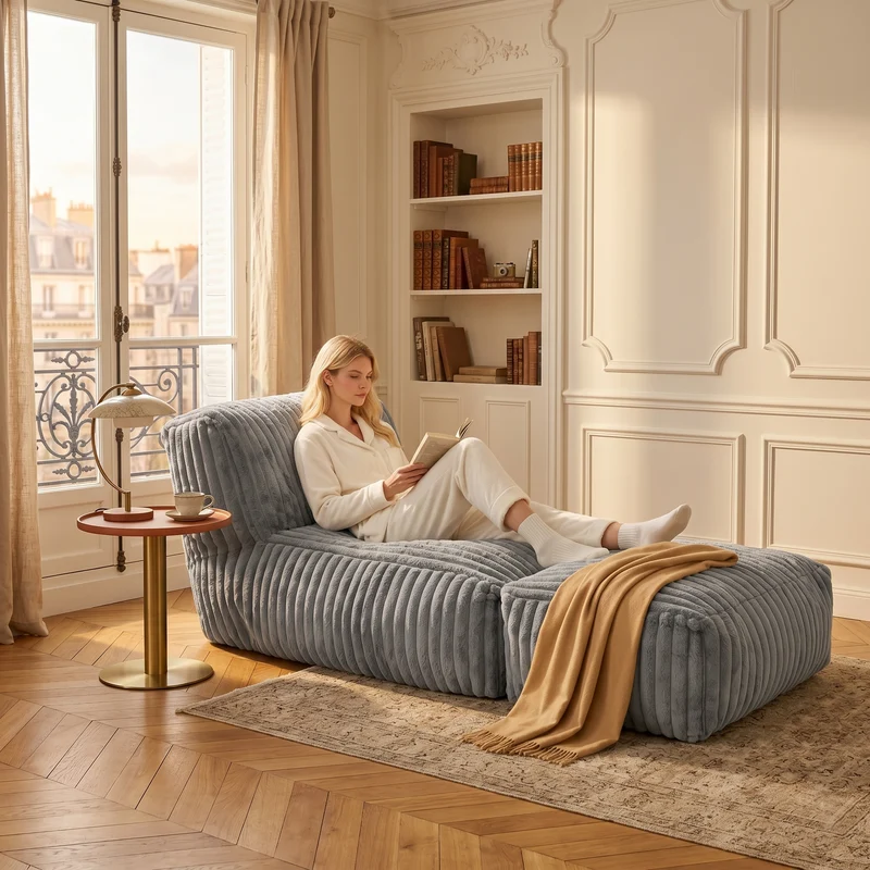 Méridienne capitonnée en flanelle gris claire, chaise longue convertible sans montage 160x80x66cm CLASSICARTART