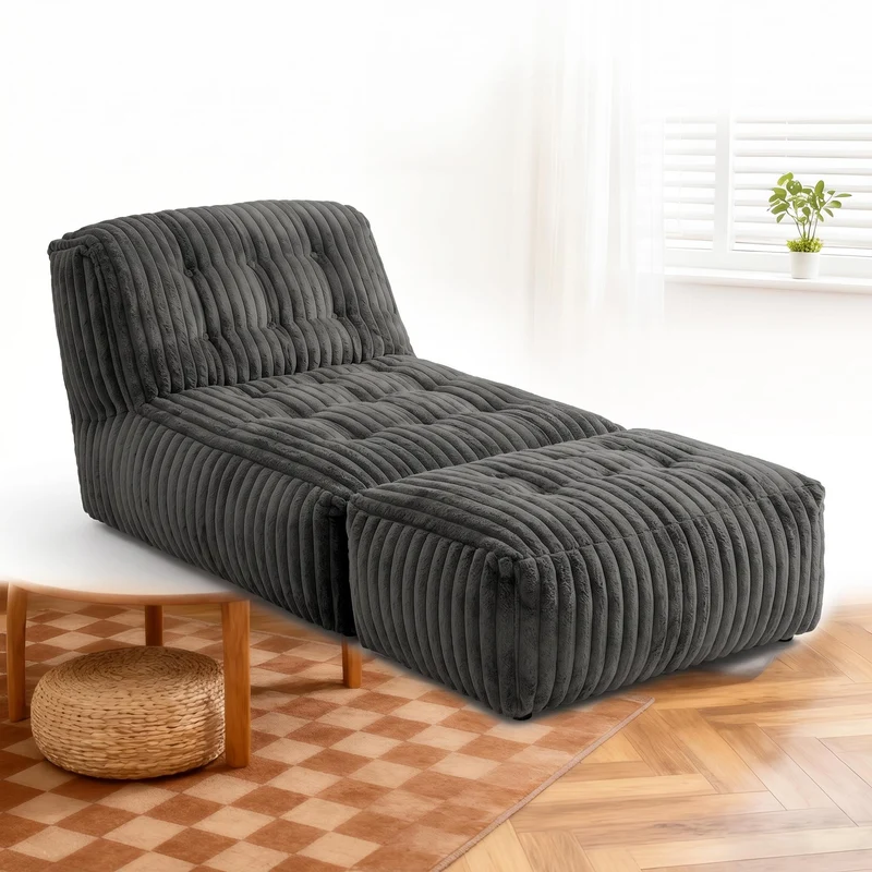 Méridienne capitonnée en flanelle gris foncé, chaise longue convertible sans montage 160x80x66cm CLASSICBENCHART