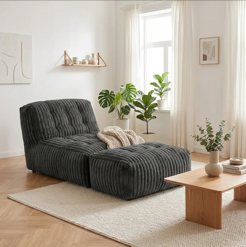 Méridienne capitonnée en flanelle gris foncé, chaise longue convertible sans montage 160x80x66cm CLASSICBENCHART