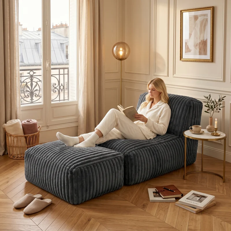 Méridienne capitonnée en flanelle gris foncé, chaise longue convertible sans montage 160x80x66cm CLASSICBENCHART