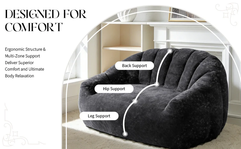 Canapé design forme de coquillage en flanelle noire avec paillettes sans montage 140x98x61cm CHROMEBED