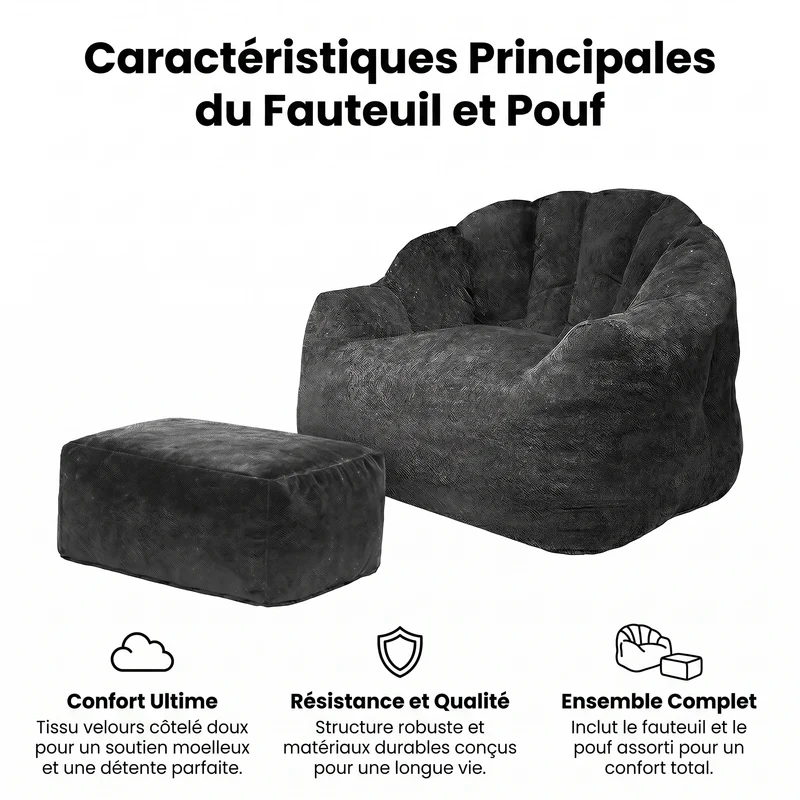 Fauteuil rond matelassé avec repose-pieds noir avec paillettes sans montage 99x86x65cm CHROMEARMOIRE