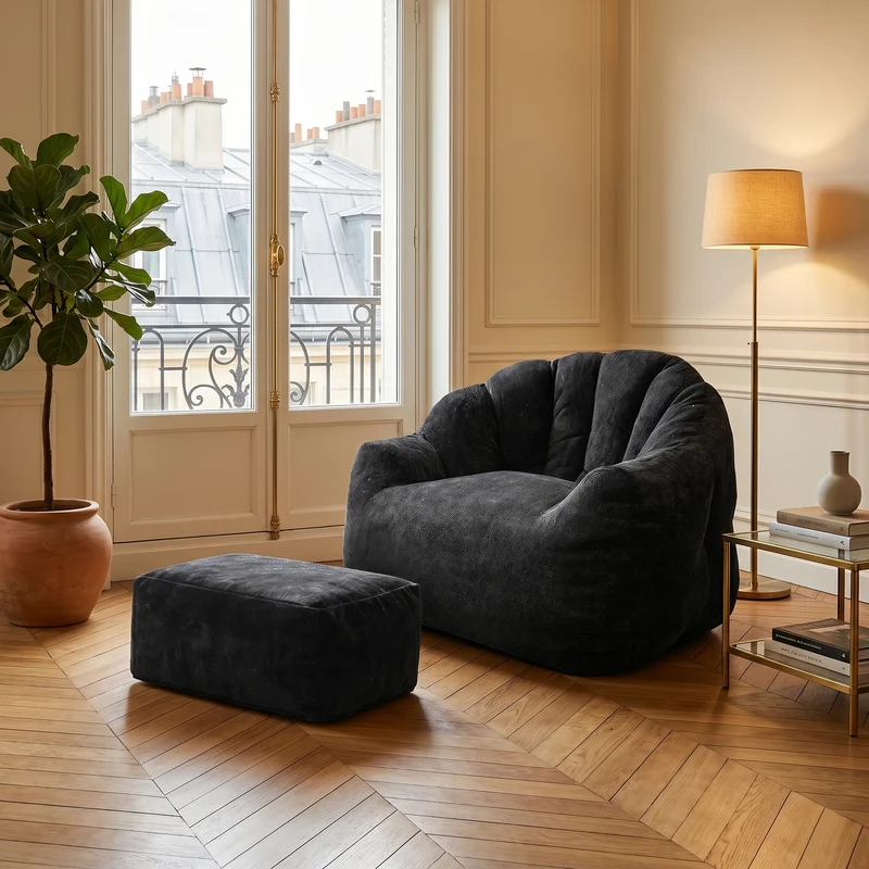 Fauteuil rond matelassé avec repose-pieds noir avec paillettes sans montage 99x86x65cm CHROMEARMOIRE