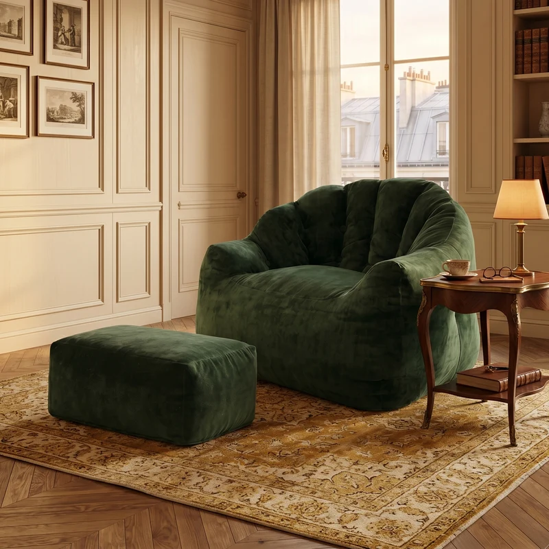 Fauteuil rond matelassé avec repose-pieds vert flanelle avec paillettes sans montage 99x86x65cm CHROMEBAR
