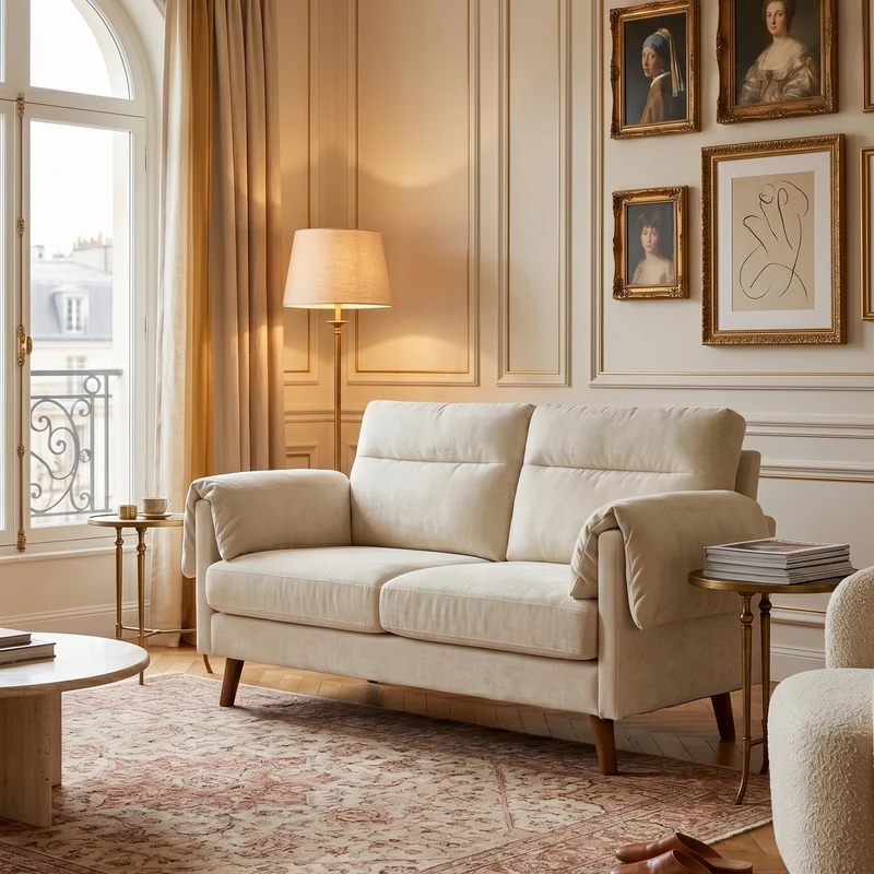 Canapé 2 places compact en chenille douce beige 124x70x85cm BIRCHTHROW