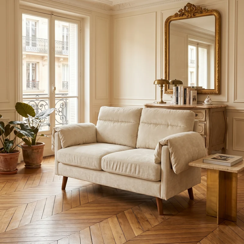 Canapé 2 places compact en chenille douce beige 124x70x85cm BIRCHTHROW