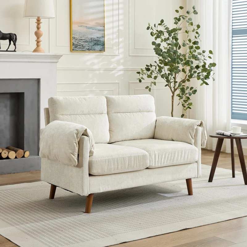 Canapé 2 places compact en chenille douce beige 124x70x85cm BIRCHTHROW