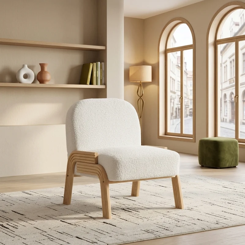 Fauteuil lounge scandinave en tissu chenille ivoire confort moderne 72x61x78cm BIRCHCHAIR