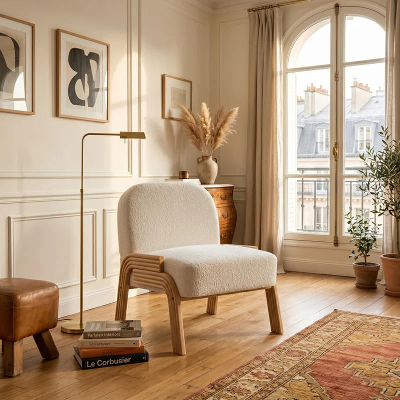 Fauteuil lounge scandinave en tissu chenille ivoire confort moderne 72x61x78cm BIRCHCHAIR