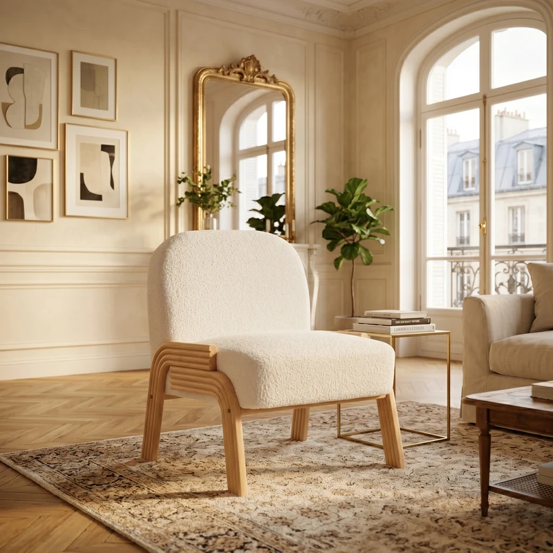 Fauteuil lounge scandinave en tissu chenille ivoire confort moderne 72x61x78cm BIRCHCHAIR