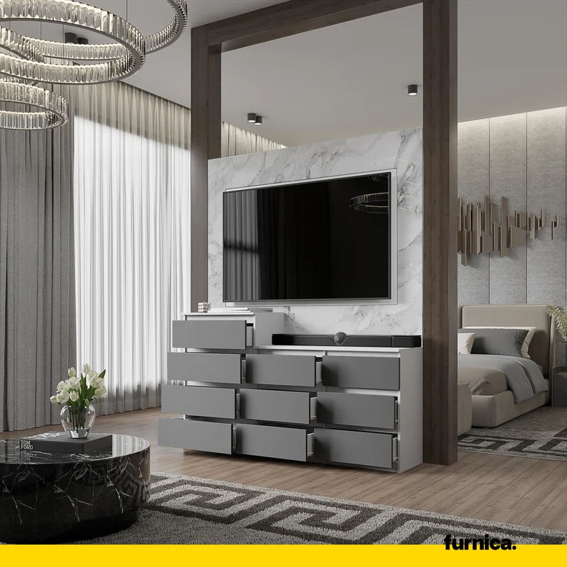 GABRIEL - Commode 10 Tiroirs (6+4) - H92/70 cm L160 cm P33 cm (Blanc Mat / Anthracite)