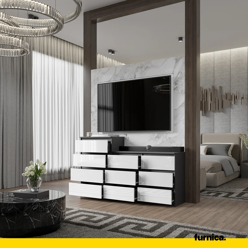GABRIEL - Commode 10 Tiroirs (6+4) - H92/70 cm L160 cm P33 cm (Anthracite / Blanc Brillant)