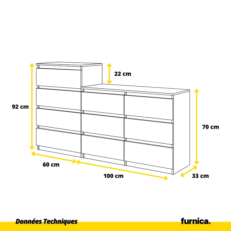 GABRIEL - Commode 10 Tiroirs (6+4) - H92/70 cm L160 cm P33 cm (Anthracite / Blanc Brillant)