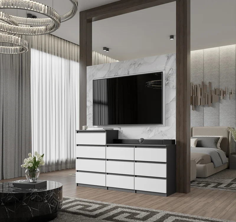 GABRIEL - Commode 10 Tiroirs (6+4) - H92/70 cm L160 cm P33 cm (Anthracite / Blanc Mat)
